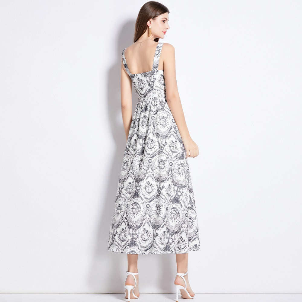 CM-DY011005 Women Retro European Style Sleeveless Single-Breasted Sling Maxi Dress