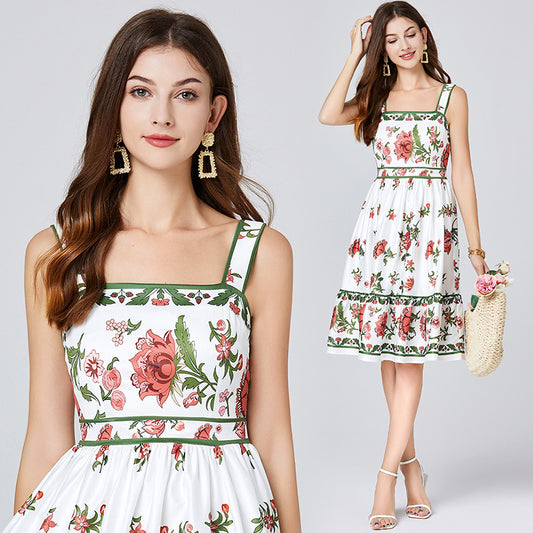 CM-DY011077 Women Trendy Bohemian Style Floral Print Sleeveless A-Line Slim Dress