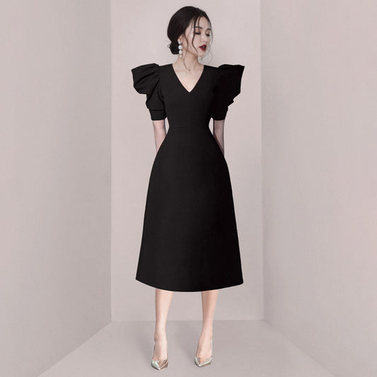 CM-DY011089 Women Elegant European Style V-Neck Short Sleeve Pinched Waist Dress (Available in 2 colors)