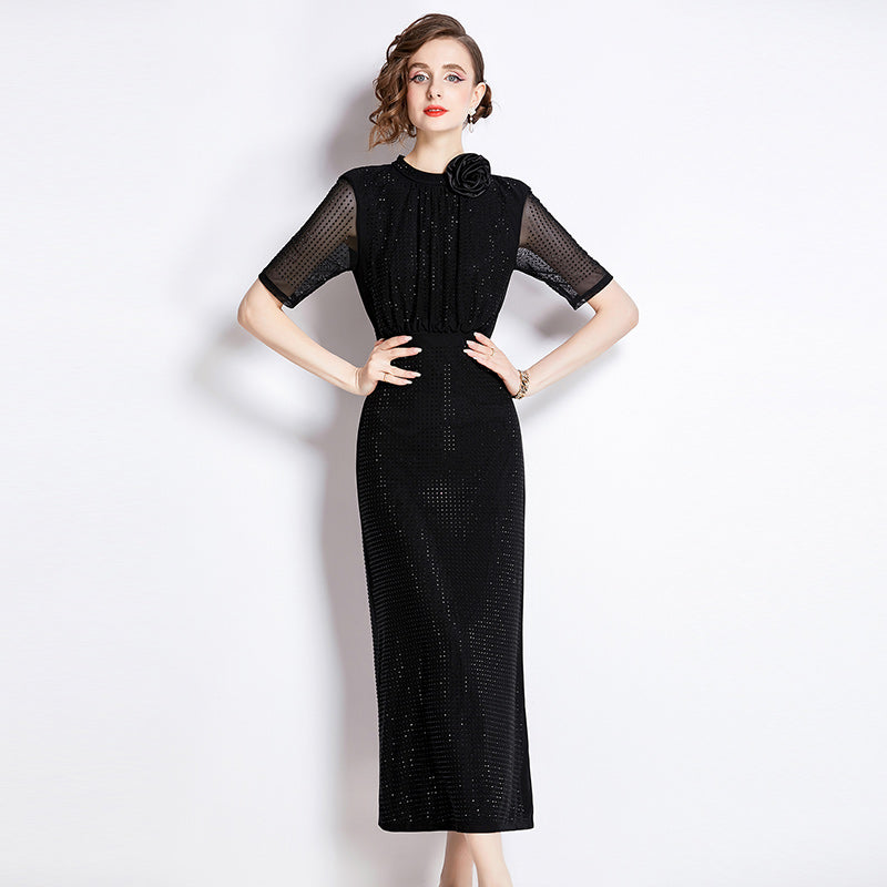 CM-DY011093 Women Elegant European Style Stand Collar Floral Rhinestone Decor Midi Dress