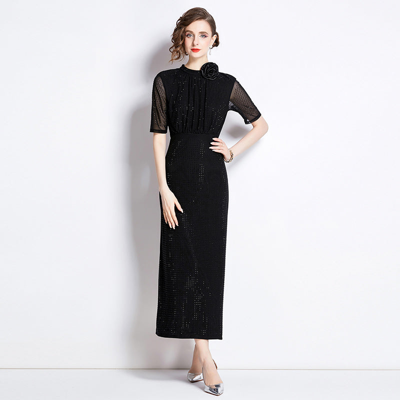 CM-DY011093 Women Elegant European Style Stand Collar Floral Rhinestone Decor Midi Dress
