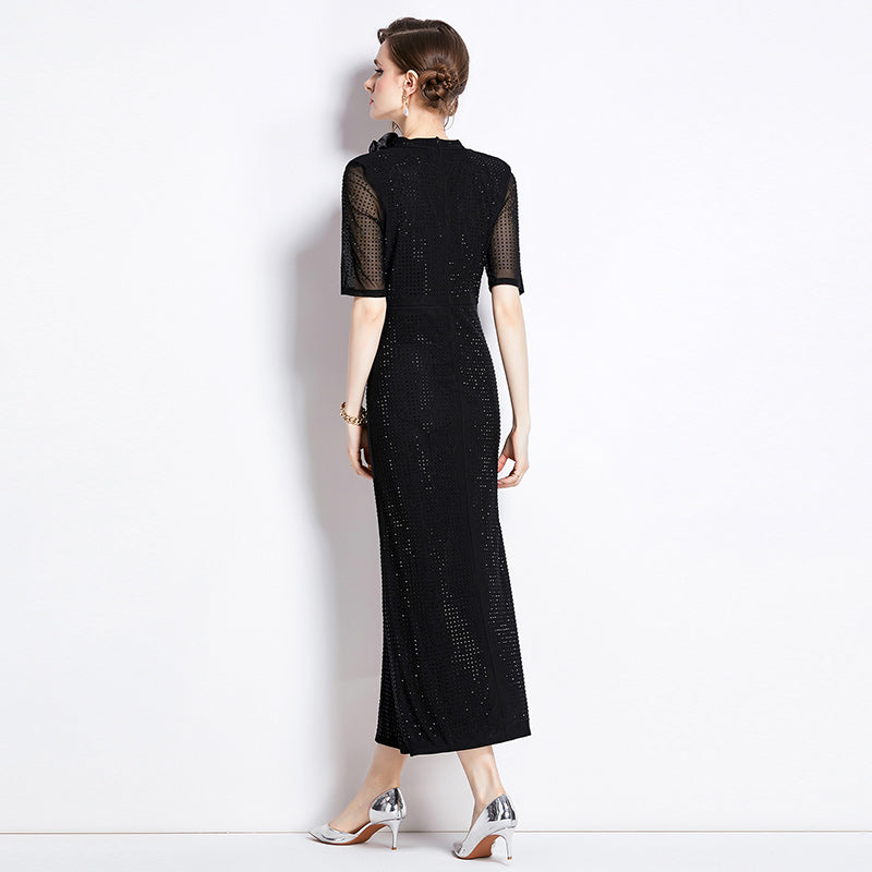 CM-DY011093 Women Elegant European Style Stand Collar Floral Rhinestone Decor Midi Dress