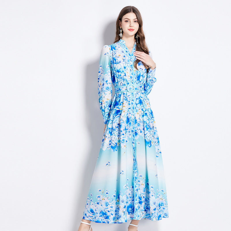 CM-DY011504 Women Elegant European Style V-Neck Long Sleeve High Waist Maxi Dress
