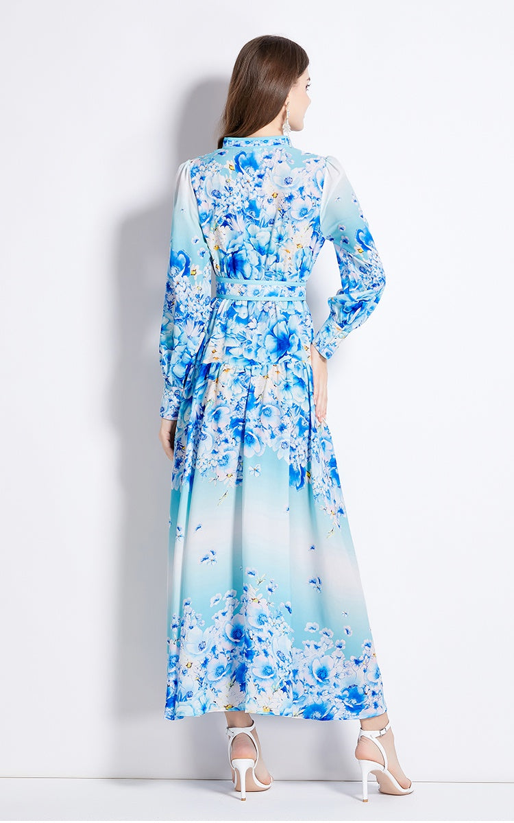 CM-DY011504 Women Elegant European Style V-Neck Long Sleeve High Waist Maxi Dress