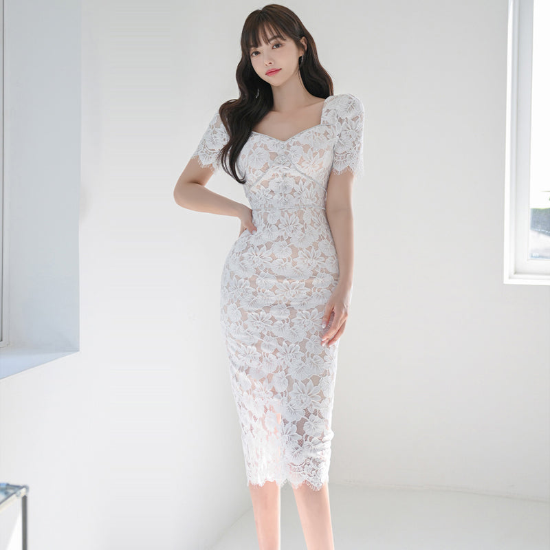 CM-DY011897 Women Elegant Seoul Style Lace Rhinestone Slim Short Sleeve Midi Dress - White