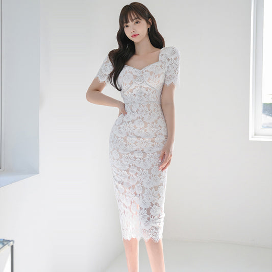 CM-DY011897 Women Elegant Seoul Style Lace Rhinestone Slim Short Sleeve Midi Dress - White