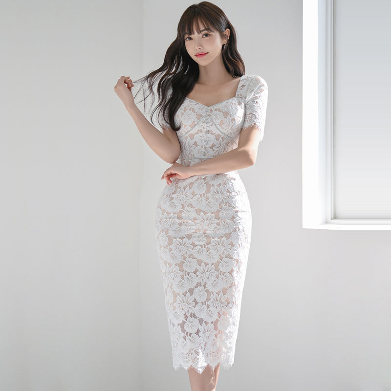 CM-DY011897 Women Elegant Seoul Style Lace Rhinestone Slim Short Sleeve Midi Dress - White