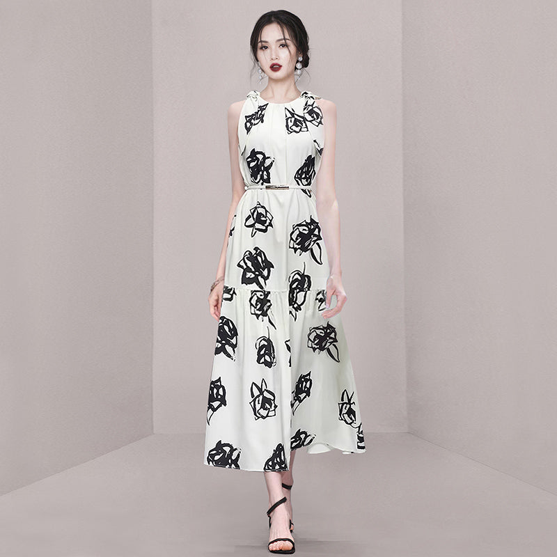 CM-DY011899 Women Elegant European Style Round Neck Sleevless Belted Mid-Length Dress