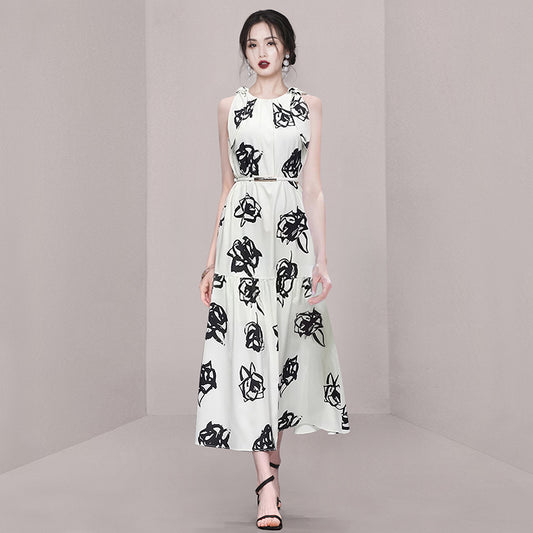 CM-DY011899 Women Elegant European Style Round Neck Sleevless Belted Mid-Length Dress