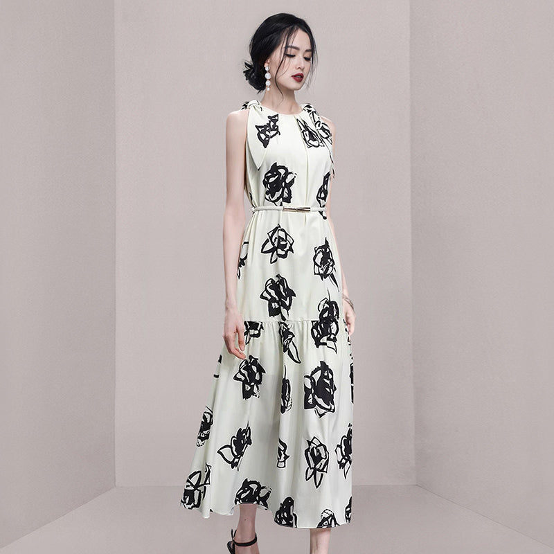 CM-DY011899 Women Elegant European Style Round Neck Sleevless Belted Mid-Length Dress
