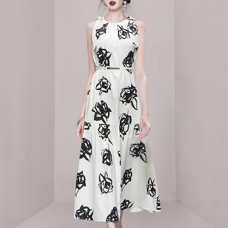 CM-DY011899 Women Elegant European Style Round Neck Sleevless Belted Mid-Length Dress