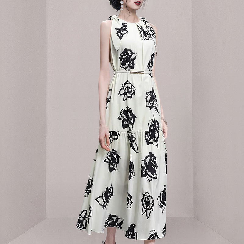 CM-DY011899 Women Elegant European Style Round Neck Sleevless Belted Mid-Length Dress