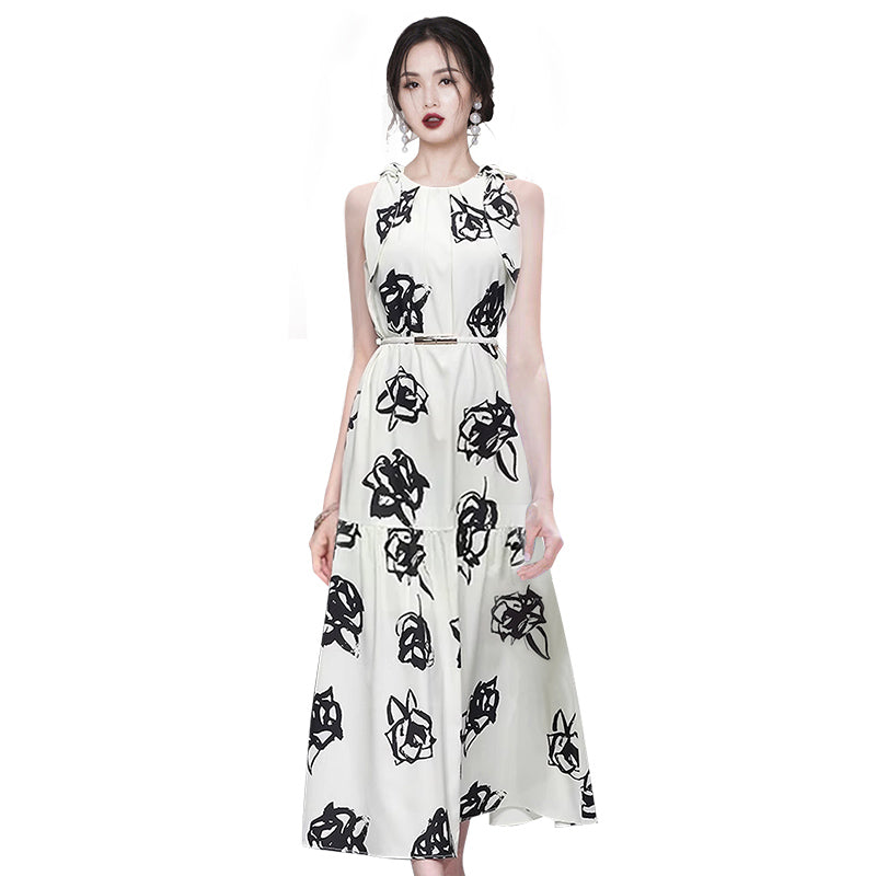 CM-DY011899 Women Elegant European Style Round Neck Sleevless Belted Mid-Length Dress