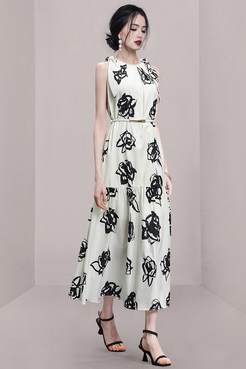 CM-DY011899 Women Elegant European Style Round Neck Sleevless Belted Mid-Length Dress