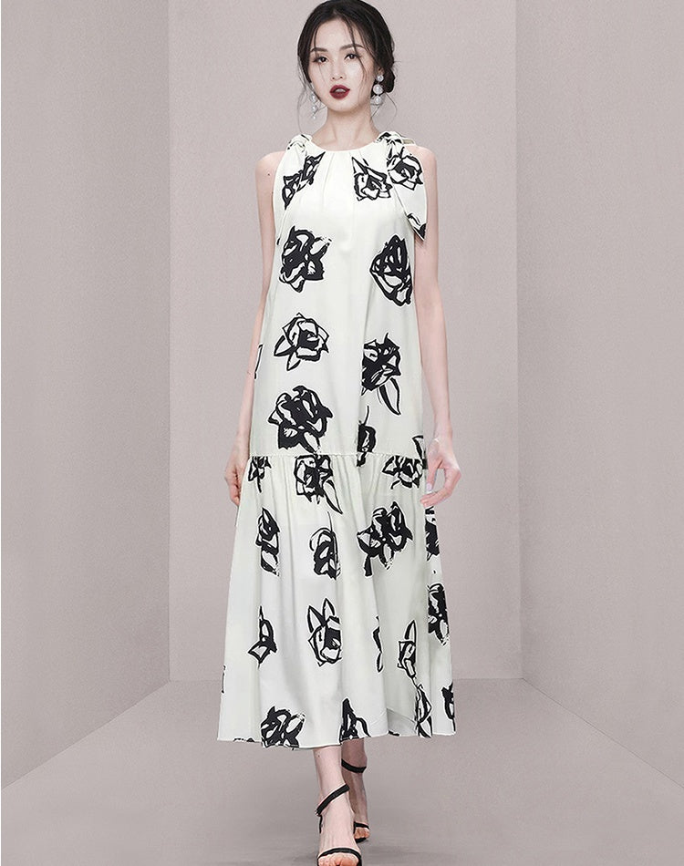 CM-DY011899 Women Elegant European Style Round Neck Sleevless Belted Mid-Length Dress