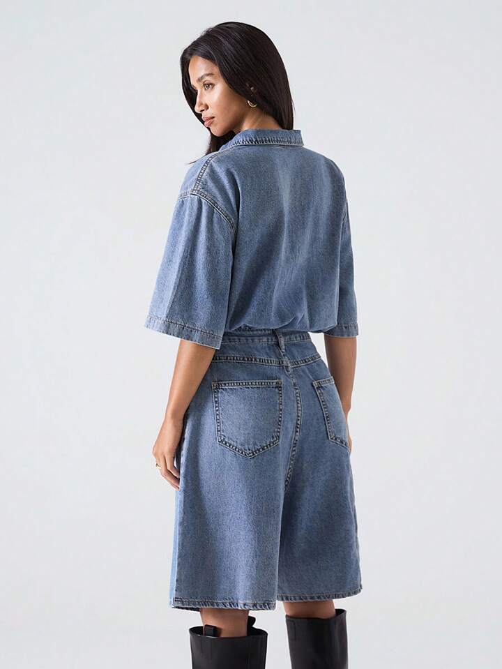 CM-JS350635 Women Casual Seoul Style Medium Wash Collar Neckline Short Sleeve Loose Denim Jumpsuit
