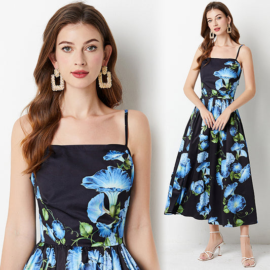CM-DY012090 Women Elegant European Style Spaghetti Strap Sleeveless High Waist Dress