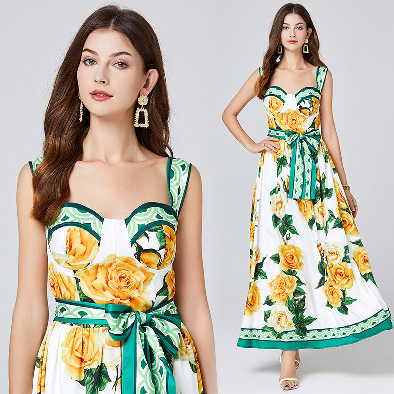 CM-DY012101 Women Elegant European Style Floral Print Square Neck Sleeveless Maxi Dress - Yellow