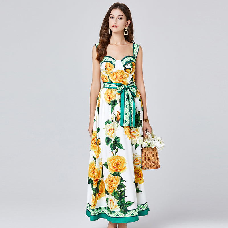 CM-DY012101 Women Elegant European Style Floral Print Square Neck Sleeveless Maxi Dress - Yellow