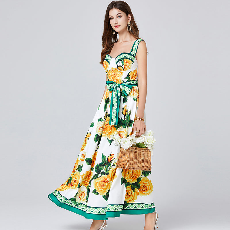 CM-DY012101 Women Elegant European Style Floral Print Square Neck Sleeveless Maxi Dress - Yellow