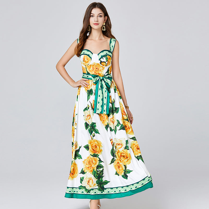 CM-DY012101 Women Elegant European Style Floral Print Square Neck Sleeveless Maxi Dress - Yellow