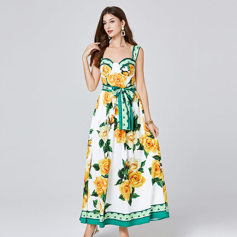 CM-DY012101 Women Elegant European Style Floral Print Square Neck Sleeveless Maxi Dress - Yellow