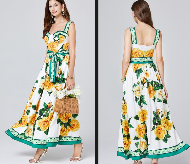 CM-DY012101 Women Elegant European Style Floral Print Square Neck Sleeveless Maxi Dress - Yellow