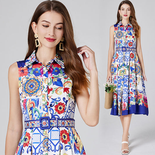 CM-DY012103 Women Elegant European Style Slim Shirt Collar Sleeveless Midi Dress