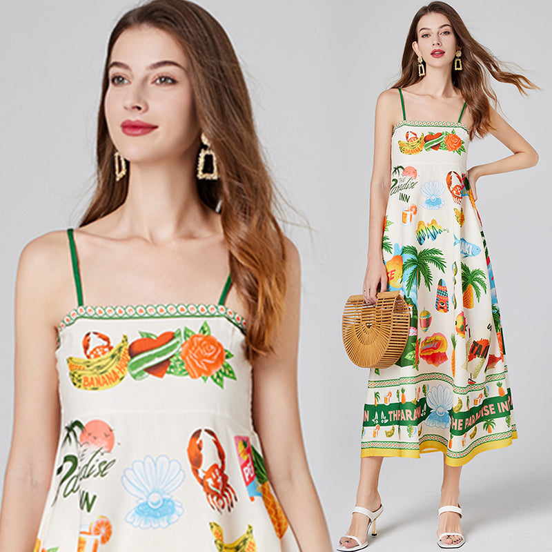 CM-DY012151 Women Trendy Bohemian Style Spaghetti Strap Sleeveless Print Dress