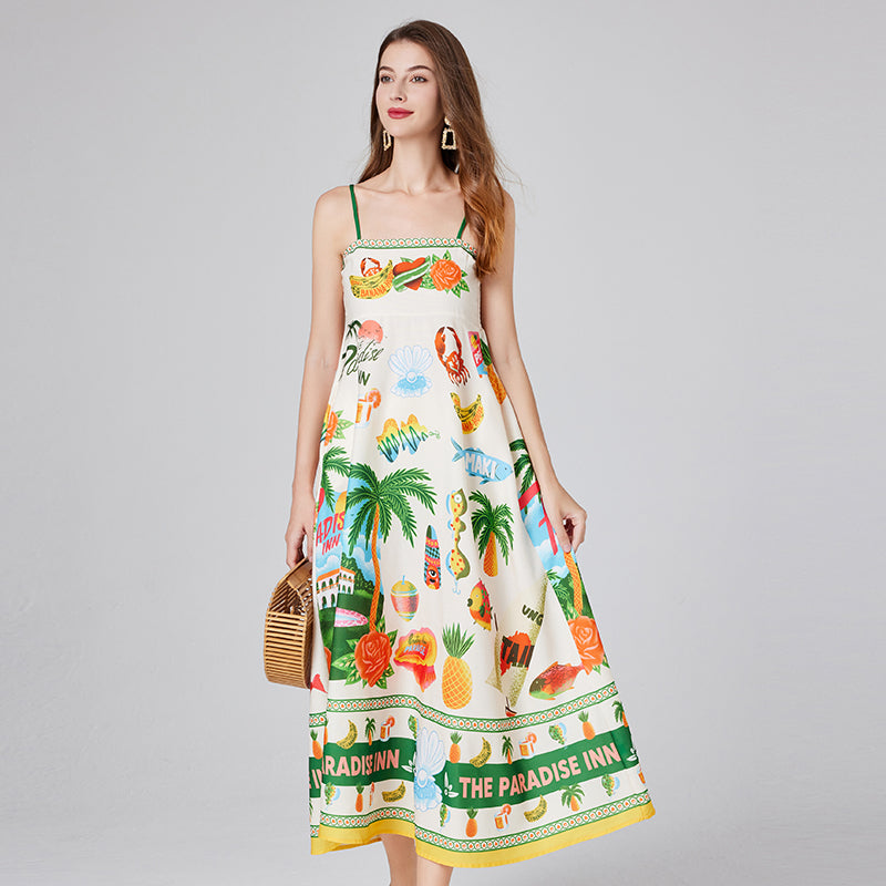 CM-DY012151 Women Trendy Bohemian Style Spaghetti Strap Sleeveless Print Dress
