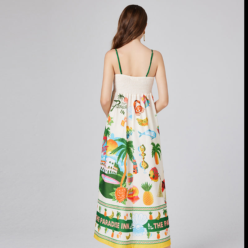 CM-DY012151 Women Trendy Bohemian Style Spaghetti Strap Sleeveless Print Dress