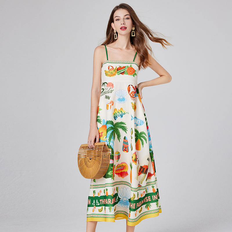 CM-DY012151 Women Trendy Bohemian Style Spaghetti Strap Sleeveless Print Dress