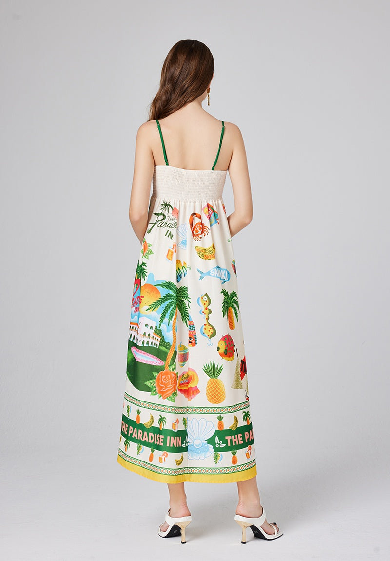 CM-DY012151 Women Trendy Bohemian Style Spaghetti Strap Sleeveless Print Dress