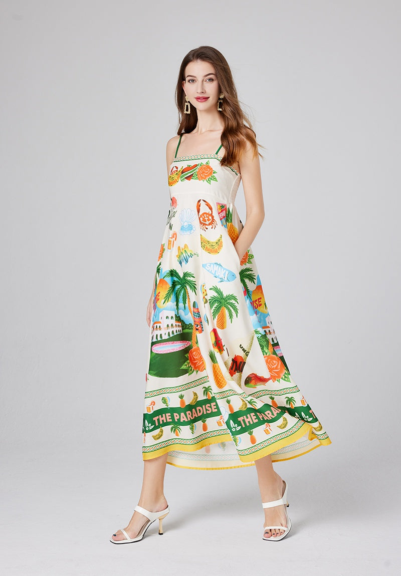 CM-DY012151 Women Trendy Bohemian Style Spaghetti Strap Sleeveless Print Dress