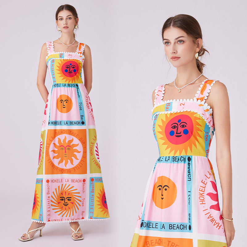 CM-DY012153 Women Trendy Bohemian Style Square Collar Sleeveless Print Long Dress