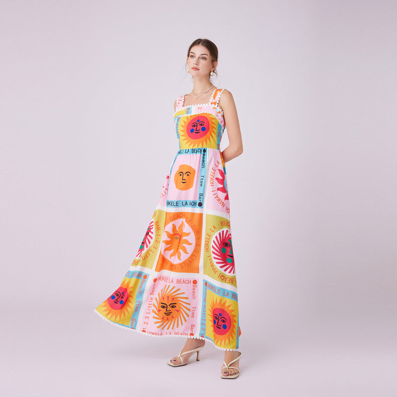 CM-DY012153 Women Trendy Bohemian Style Square Collar Sleeveless Print Long Dress
