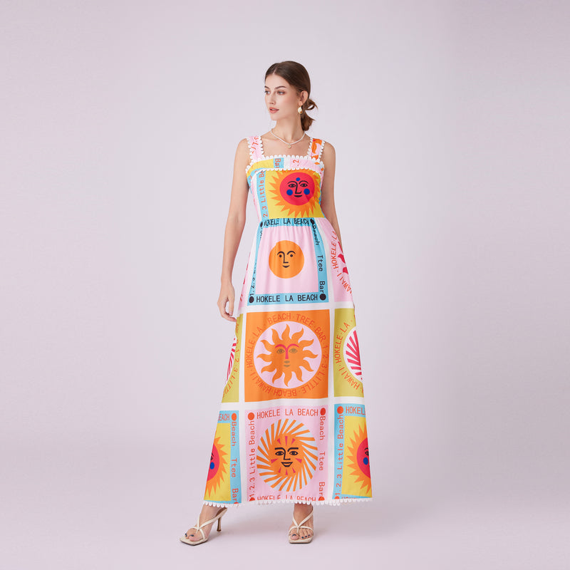 CM-DY012153 Women Trendy Bohemian Style Square Collar Sleeveless Print Long Dress