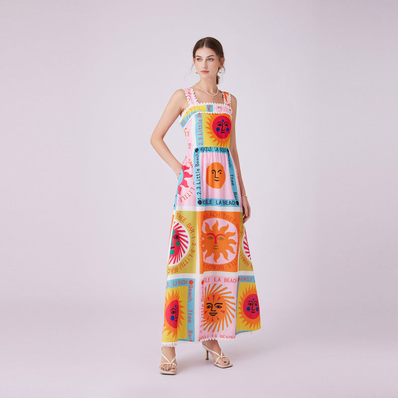 CM-DY012153 Women Trendy Bohemian Style Square Collar Sleeveless Print Long Dress