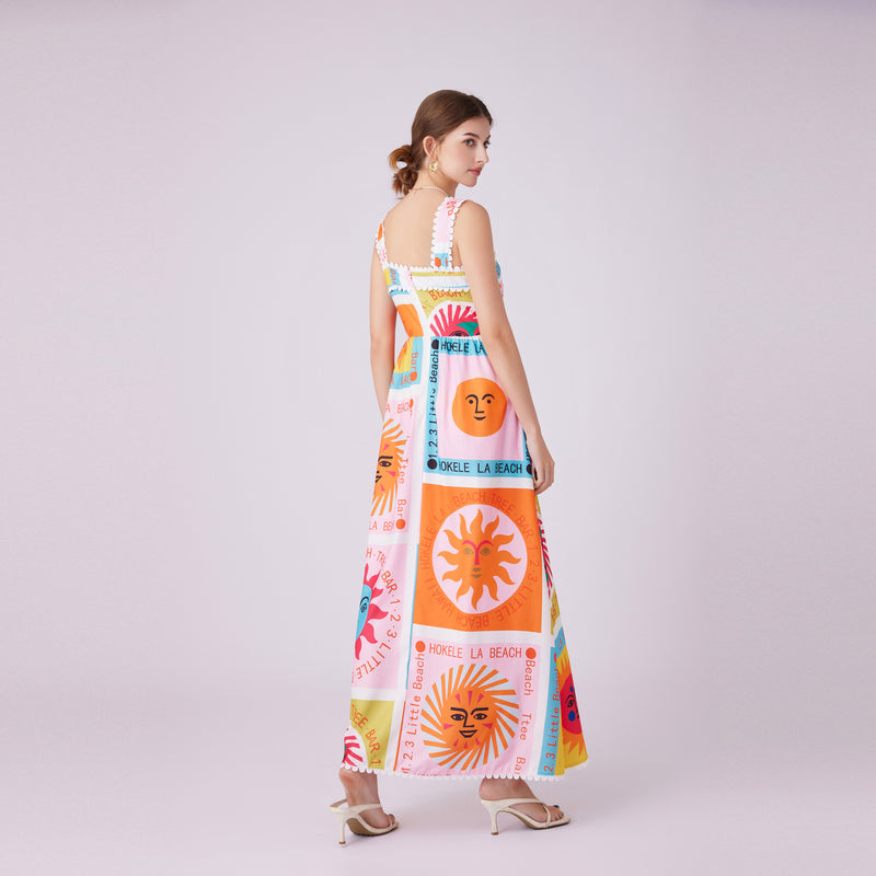 CM-DY012153 Women Trendy Bohemian Style Square Collar Sleeveless Print Long Dress