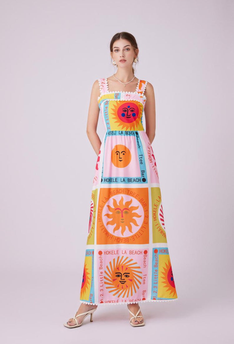 CM-DY012153 Women Trendy Bohemian Style Square Collar Sleeveless Print Long Dress