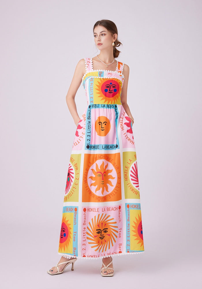 CM-DY012153 Women Trendy Bohemian Style Square Collar Sleeveless Print Long Dress