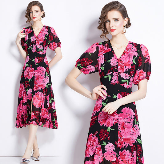 CM-DY012155 Women Elegant European Style Chiffon V-Neck Short Sleeve Midi Dress