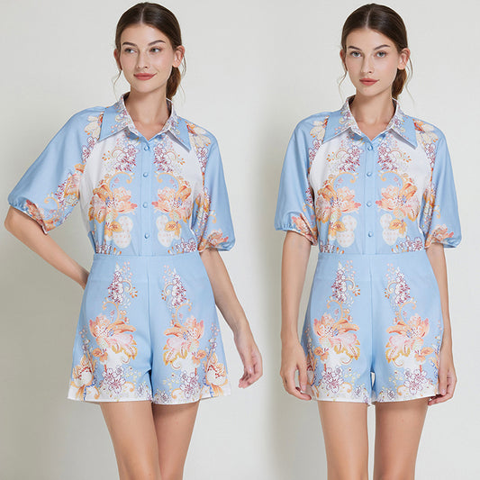 CM-SY013419 Women Elegant European Style Collar Neckline Half Sleeve Blouse With Short Pants - Set