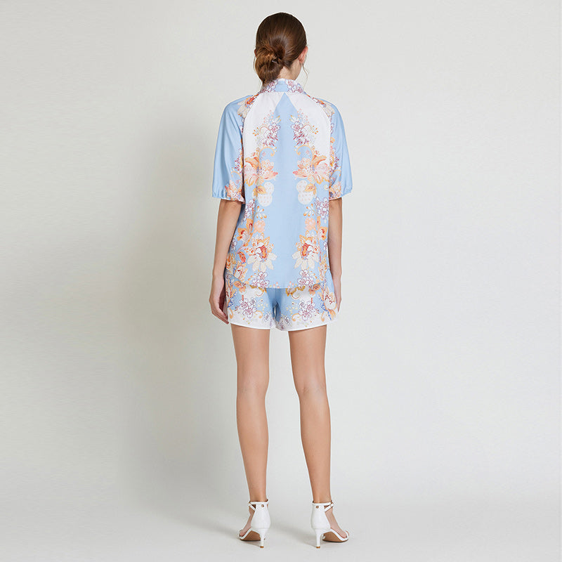 CM-SY013419 Women Elegant European Style Collar Neckline Half Sleeve Blouse With Short Pants - Set