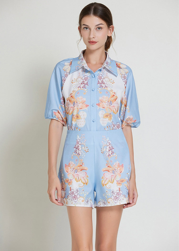 CM-SY013419 Women Elegant European Style Collar Neckline Half Sleeve Blouse With Short Pants - Set