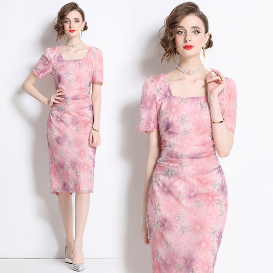 CM-DY013910 Women Elegant European Style Square Neck Short Sleeve Rhinestone Decor Slim Fit Mid-Length Dress