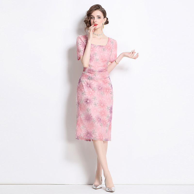 CM-DY013910 Women Elegant European Style Square Neck Short Sleeve Rhinestone Decor Slim Fit Mid-Length Dress