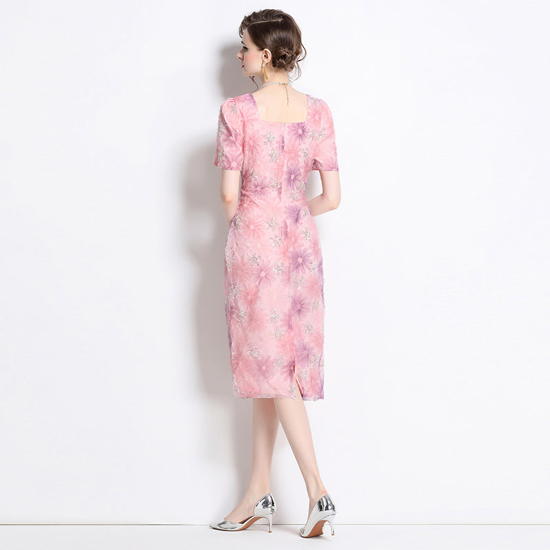 CM-DY013910 Women Elegant European Style Square Neck Short Sleeve Rhinestone Decor Slim Fit Mid-Length Dress
