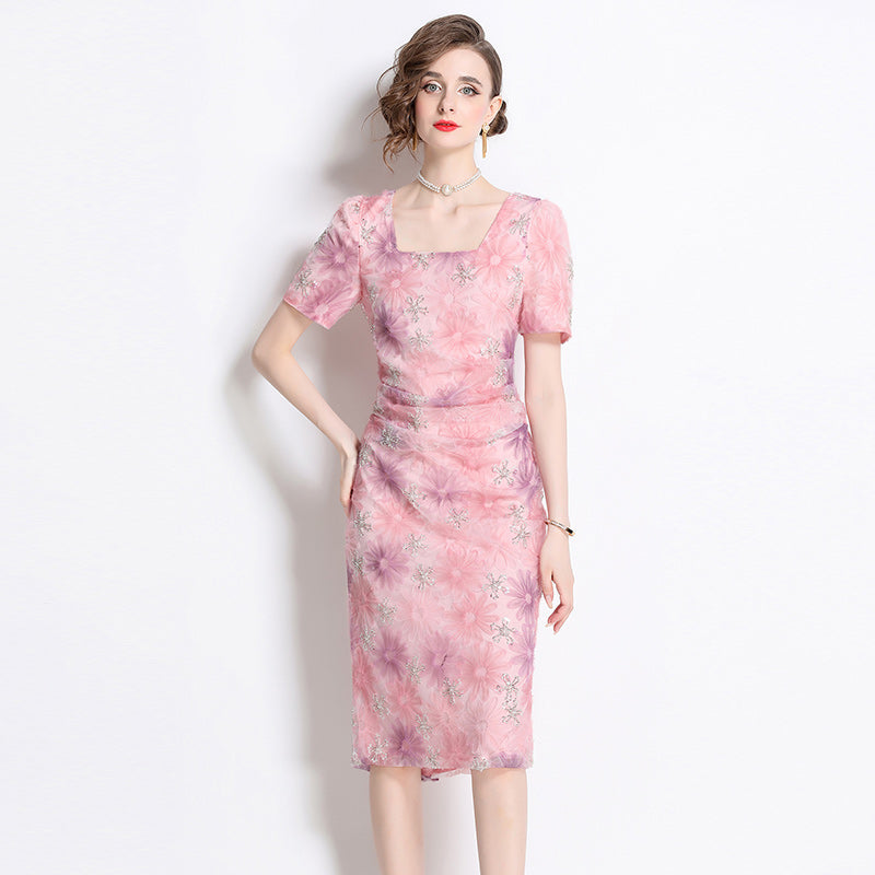 CM-DY013910 Women Elegant European Style Square Neck Short Sleeve Rhinestone Decor Slim Fit Mid-Length Dress