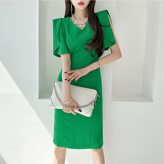 CM-DY014563 Women Casual Seoul Style V-Neck Short Sleeve Midi Dress - Green